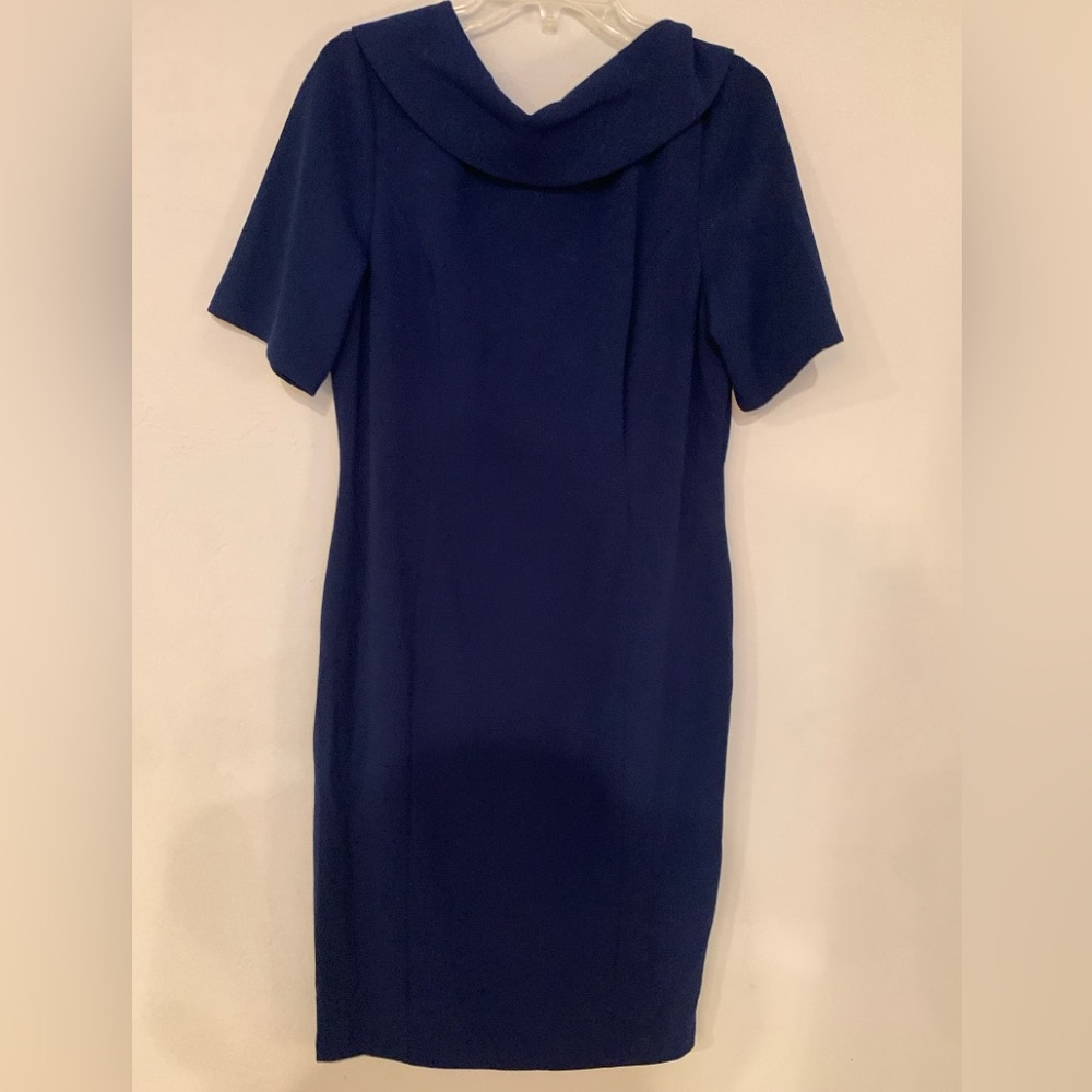 Adrianna Papell Navy Cowl Collar Scoop Back Short-Sleeve Sheath Midi Dress Sz 14